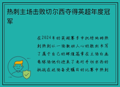 热刺主场击败切尔西夺得英超年度冠军