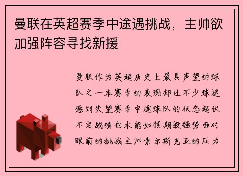 曼联在英超赛季中途遇挑战，主帅欲加强阵容寻找新援